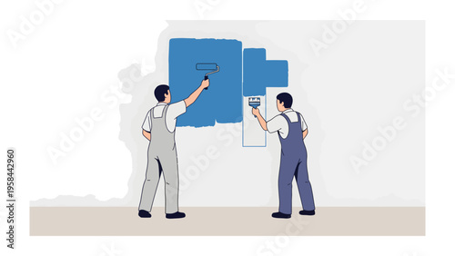 Craftsmen at Work: Two painters, engrossed in their craft, meticulously apply a vibrant shade of blue to a wall, transforming the space with skill and dedication.