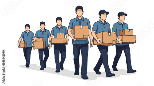 Delivery Team in Action: A determined team of delivery personnel strides forward, each member carrying packages, ready to deliver goods.