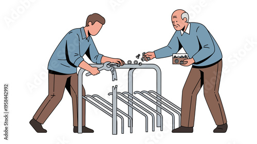 Fixing the Bike Rack: A person with a wrench assists an elderly person in repairing a bike rack, showcasing the concept of maintenance and care.