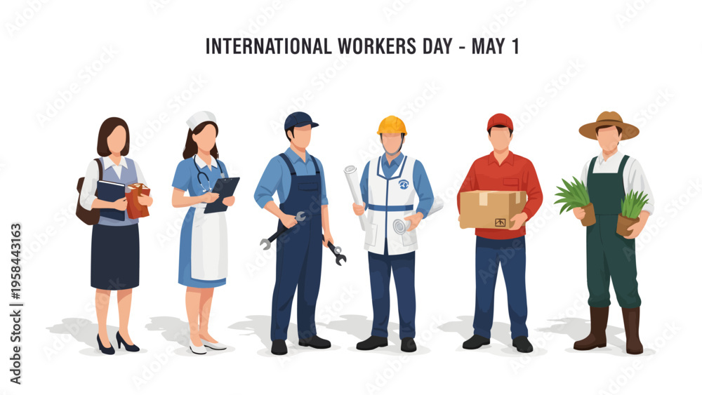 Fototapeta premium Diverse Workforce on International Workers Day: A diverse group of essential workers stand together in solidarity, representing the backbone of our society in honor of International Workers Day.