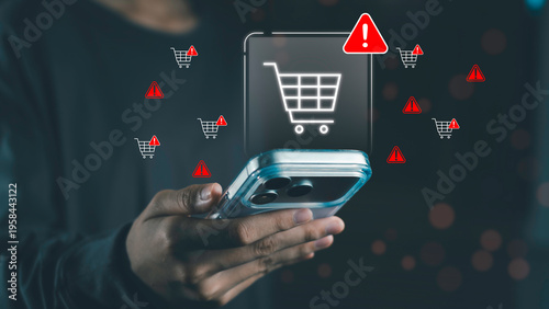 Online shopping risk, ecommerce security and digital fraud alert concept. Smartphone with shopping cart warning icons transaction risk, cyber threat, payment security and online protection.