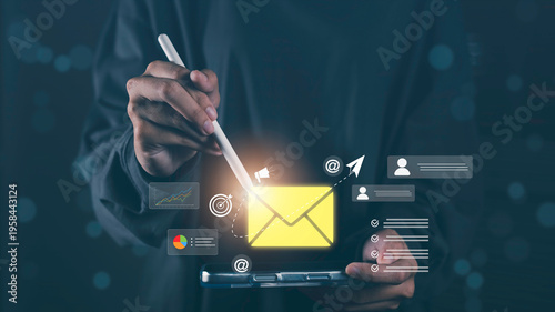 Email marketing and digital communication concept with smartphone and glowing envelope icon. Business messaging, online campaign, customer engagement, mobile communication marketing strategy.