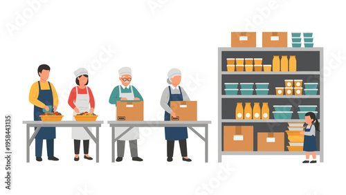 Food Bank teamwork: Volunteers sort and pack non-perishable food items, ensuring organized shelves in a community center's food bank.