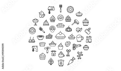 Trendy baking and dessert outline icons collection circular vector pastry and kitchen symbols