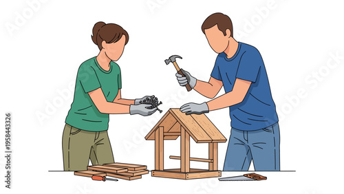 Crafting Connection: A couple works in unison, crafting a birdhouse. Their collaborative effort demonstrates the beauty of teamwork and the creation of something beautiful.