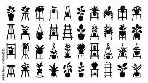 Collection of black plant icons on stands and shelves various plants and holders