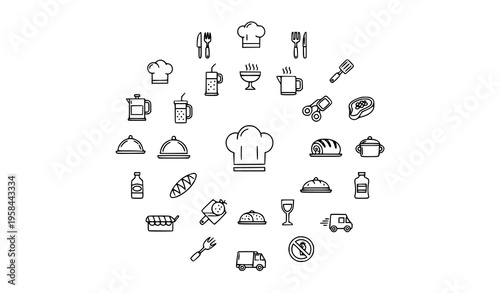 Trendy culinary outline icons collection circular vector food and kitchen symbols for restaurant design
