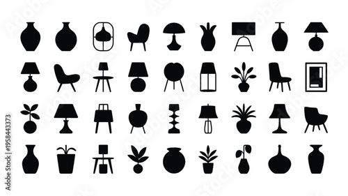 Collection of modern home decor icons including vases lamps chairs plants and picture frames in black silhouette on white background for interior design and furniture concept