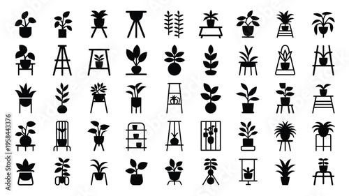Collection of black plant icons on white background various plants and planters decorative and minimalist style