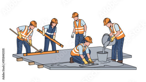 Construction Team at Work: A team of construction workers diligently engaged in the process of concrete pouring and leveling at a construction site. showcasing dedication and expertise.