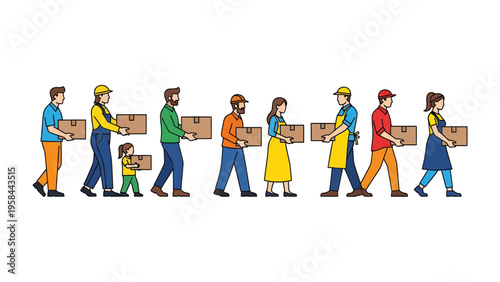 Delivery Line: A diverse group of individuals carries cardboard boxes, suggesting a collective effort focused on providing distribution or moving goods.
