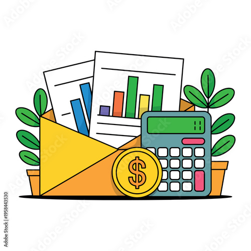 Envelope holds financial reports next to calculator and single golden.