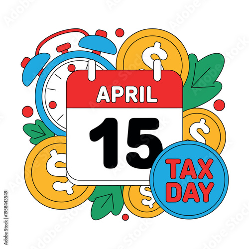 Calendar marks April fifteenth deadline alongside ringing alarm clock.