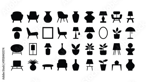 Collection of home decor and furniture icons including chairs lamps plants and vases in black silhouette on white background for design and decoration