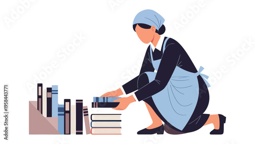Library Serenity: A poised librarian in classic attire carefully arranges a collection of literary treasures, fostering an atmosphere of tranquility.