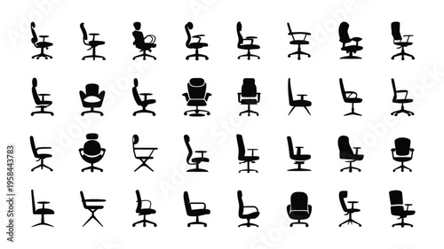 Collection of office chairs in various styles and positions on white background for design and decoration