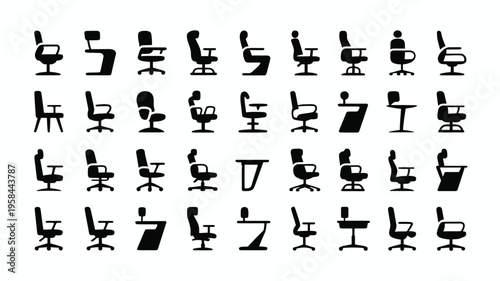 Collection of diverse office chairs in various styles and positions on white background for design and decoration