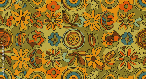 Retro 1970s floral pattern with groovy, psychedelic, organic shapes and warm earthy tones