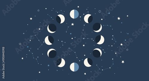 Celestial cycle of moon phases in a starry night sky with constellations, dark blue background