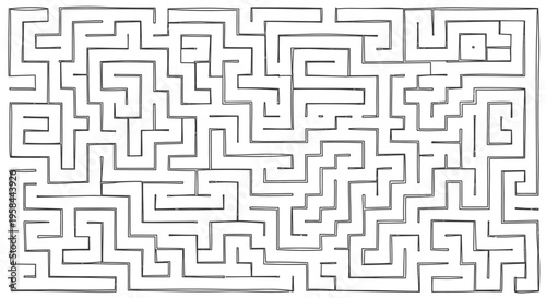 Complex black and white maze illustration with a clear path and dead ends, perfect for problem-solving concepts