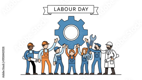 Labour Day Celebration: Diverse workers gather to support and celebrate labour day with tools and gear in solidarity. A joyful representation of hard work and achievement.