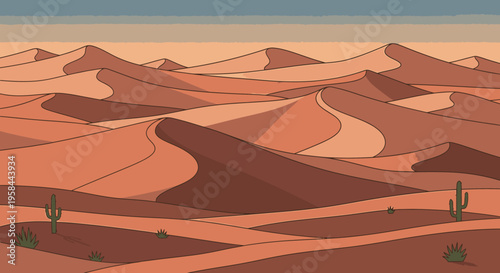 Vast desert landscape with rolling sand dunes and scattered cacti under a hazy sky