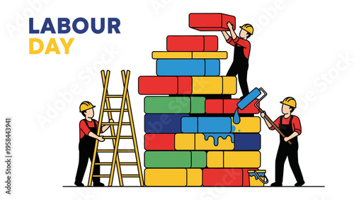 Labor Day Celebration: A group of construction workers, united in solidarity, hold up a banner proudly proclaiming Labor Day, honoring the hard work and dedication of the workforce.