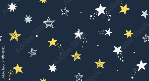Seamless pattern with hand-drawn stars on a dark blue background, featuring whimsical yellow, white, and grey celestial elements. Perfect for fabric, wallpaper, or digital design.