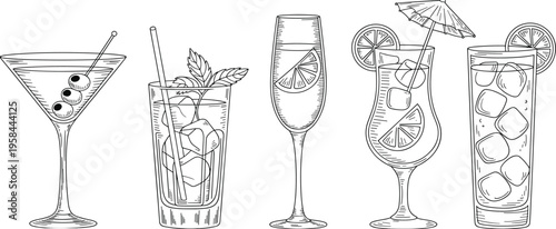 Hand drawn cocktail illustration set featuring martini mojito champagne tropical drinks with ice citrus garnish outline vector for bar menu design collection