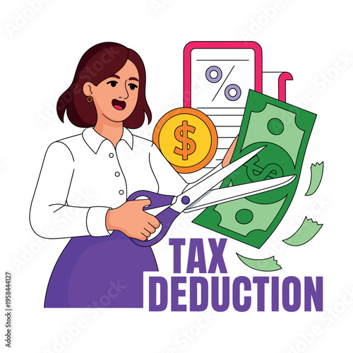 Woman cuts large paper money to symbolize tax deduction concept clearly.