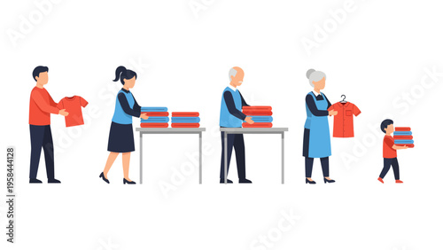 Community Support and Charity: Volunteers of varying age groups collaborate to sort and organize clothing donations, symbolizing the essence of community support. 