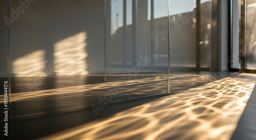 Sunlit Modern Office Hallway Reflections on Glass Walls