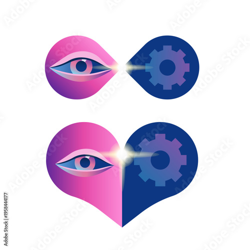 Artificial intelligence and human vision connection abstract concept with eye and gear fusion gradient design.
