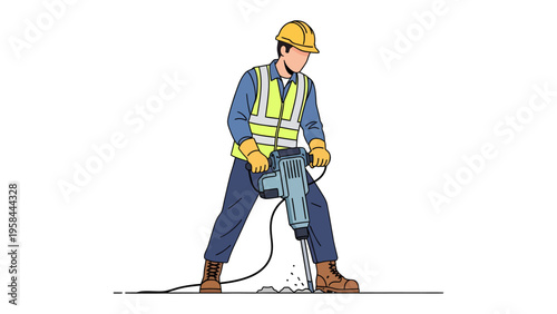 Construction Worker with Jackhammer: A construction worker in a hard hat and safety vest operates a jackhammer, breaking up the ground with forceful blows, illustrating the power of industry.