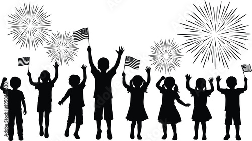 Independence day celebration silhouette with fireworks and american flags