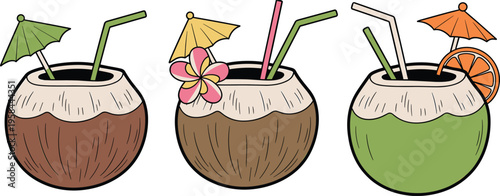 Hand drawn coconut cocktail drinks illustration with tropical beverages umbrellas straws fruit garnish vector design for summer beach bar menu collection