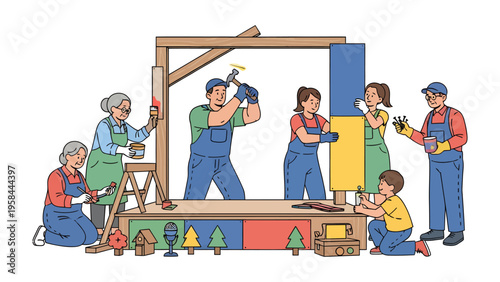 Community Constructing: A community comes together to build something beautiful. Diverse individuals, young and old, collaborate on a construction project, showcasing unity and shared effort.