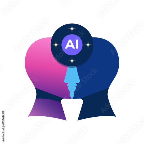 Artificial intelligence control over human mind concept with head silhouette and ai symbol minimal gradient design.