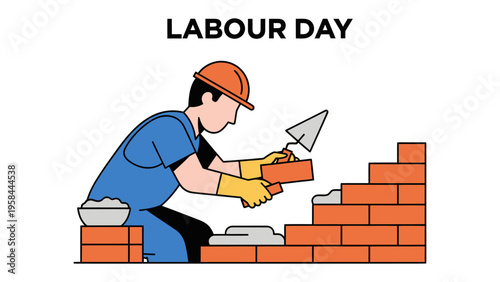 Labour Day Construction: A dedicated construction worker, adorned in safety attire, diligently lays bricks, embodying the spirit of labor and the strength of the workforce.