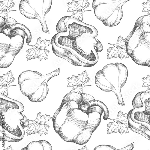 Seamless pattern of the garlic, parsley and bell pepper. Vector ink styled illustration. For packaging design, cards, cover, prints, product labels and fabric.