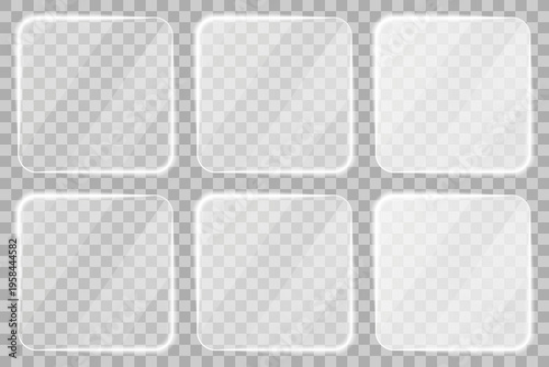 Square glass frames collection. Realistic glass frames with borders, glare, light reflections, and semi-transparent texture. Glassmorphism UI design elements for modern apps and dashboards. Vector