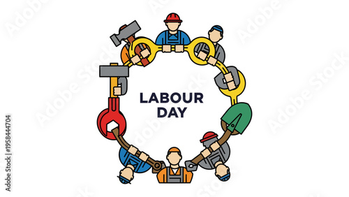 Labor Day Celebration: A group of construction workers, united in solidarity, hold up a banner proudly proclaiming Labor Day, honoring the hard work and dedication of the workforce.