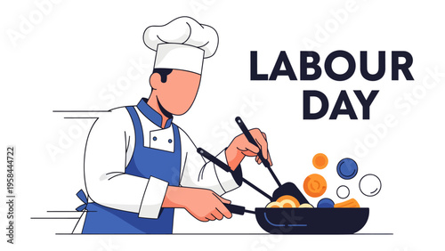 Labour Day Chef's Culinary Delights: An illustrative depiction of a skilled chef, adorned in a classic toque and apron, meticulously preparing a delectable dish in a pan.