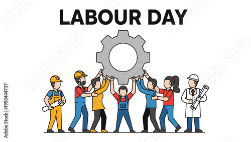 Labor Day Celebration: A group of construction workers, united in solidarity, hold up a banner proudly proclaiming Labor Day, honoring the hard work and dedication of the workforce.