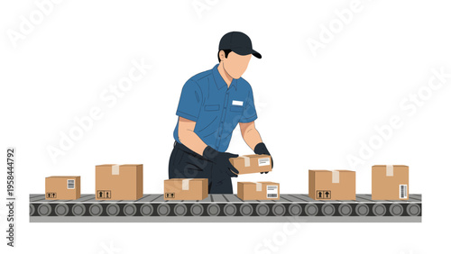 The Conveyor Belt Worker: A focused worker carefully manages packages on a conveyor belt within a modern distribution center, highlighting the efficiency of the supply chain.