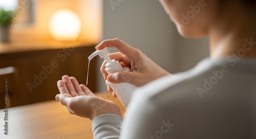 Woman Dispensing Hand Sanitizer in Home Interior