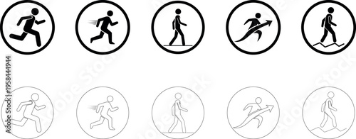 Running and walking icon vector set black silhouette and outline style isolated on transparent background