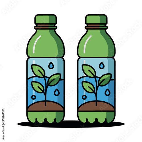 Two plastic bottles illustrate sustainable growth and environmental.