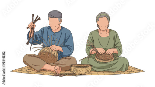 Crafting Heritage: A pair of artisans meticulously weaving a basket. Their hands tell a story of dedication, patience, and the timeless artistry of a craft passed down through generations.