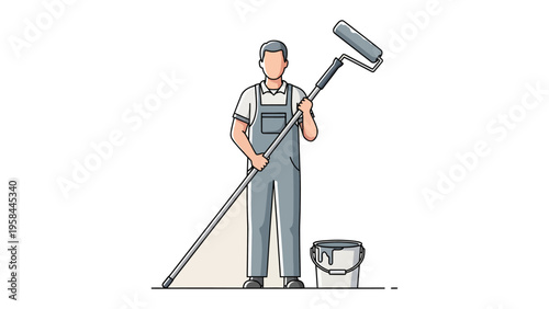 Painter at Work: A painter, in his work outfit, standing, holding a paint roller with a bucket, prepared for renovation tasks, ready to transform surfaces